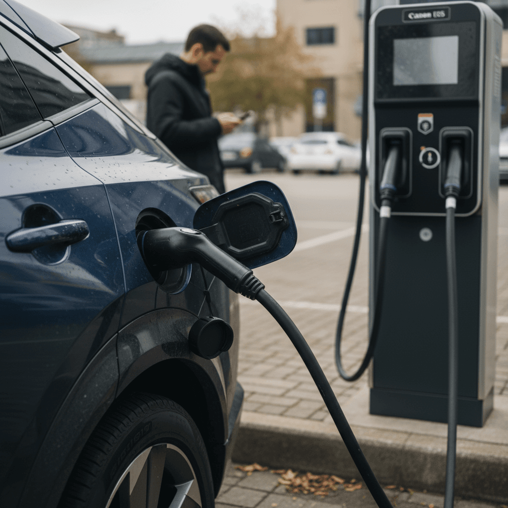 Closeup of an electric car dashboard showing battery state of charge and range estimate