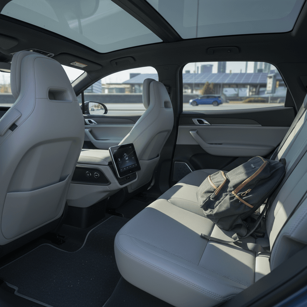 Spacious three-row electric SUV interior with captain’s chairs and flat floor