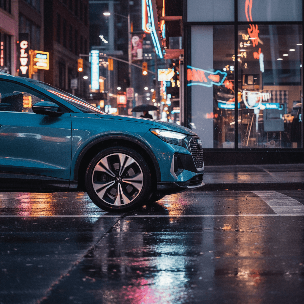 Audi Q4 e-tron driving through a modern city street at dusk