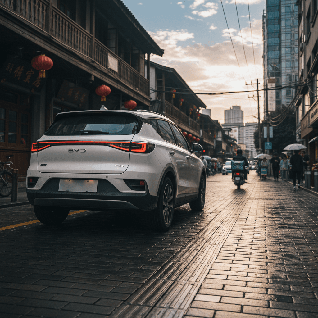 Multiple electric cars stacked on a vehicle carrier ship representing Chinese EV exports