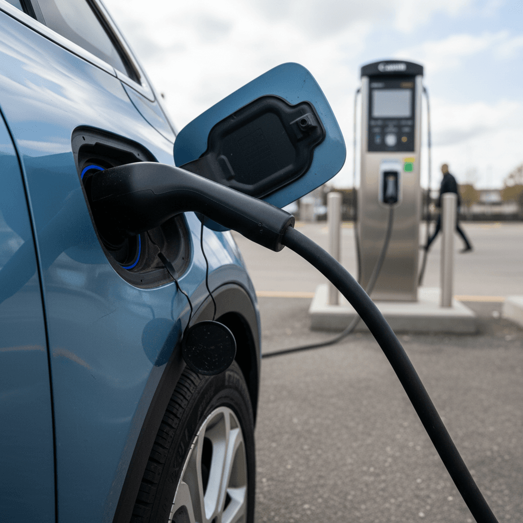 White Chevrolet Bolt electric hatchback plugged into a public charging station
