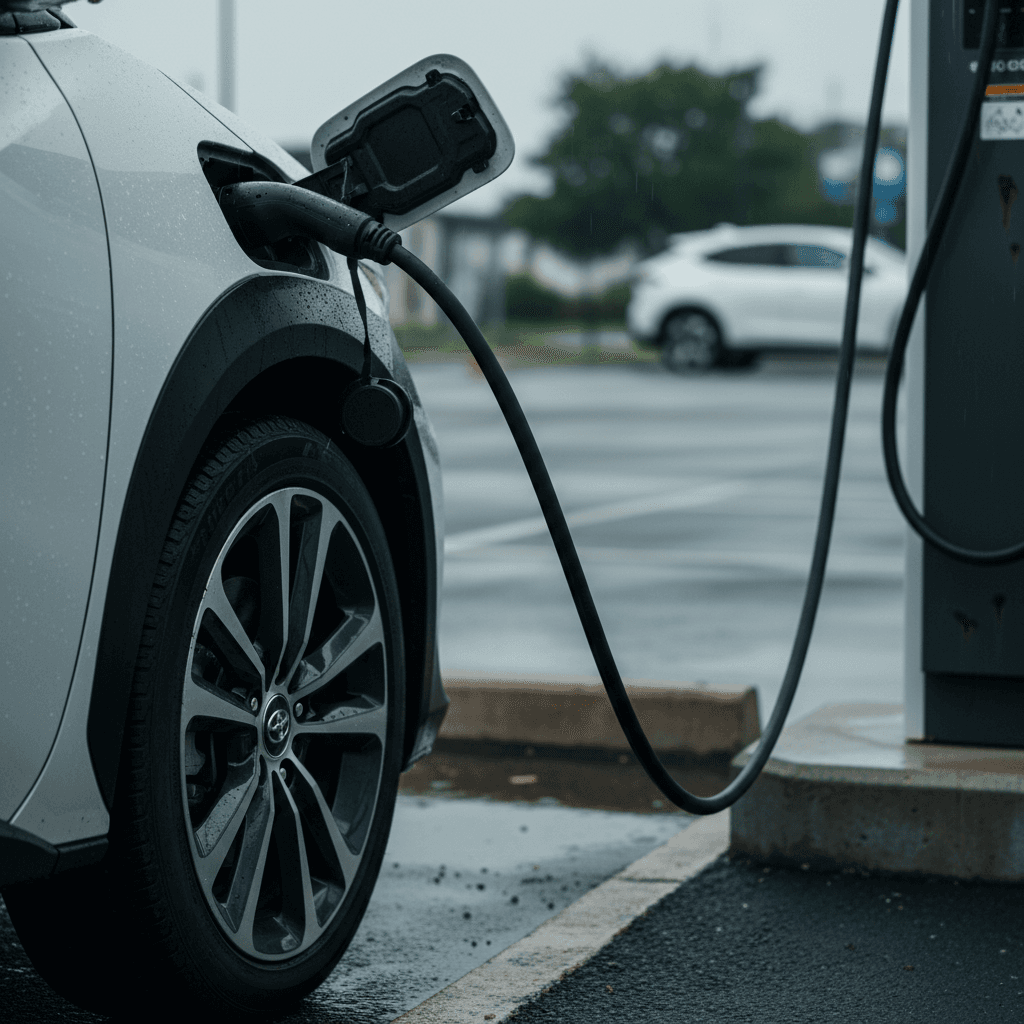 Toyota bZ4X charging at a public EV charger with focus on wheel and charge port