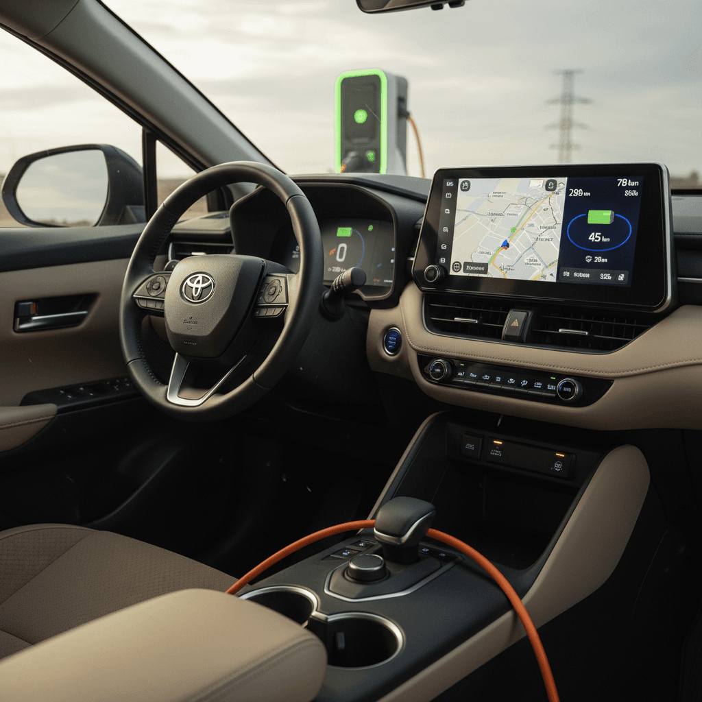 Driver using the 2024 Toyota bZ4X’s central touchscreen while the SUV charges at a public station