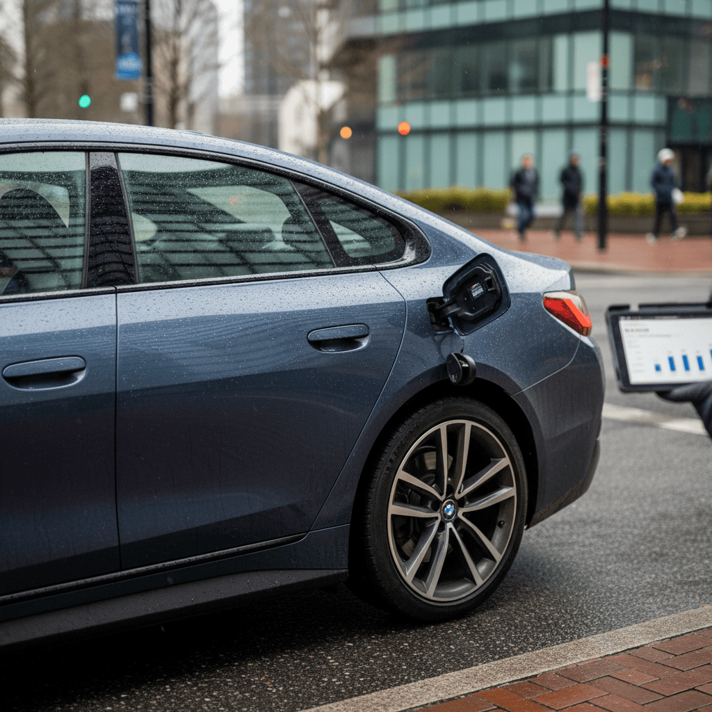 BMW i4 electric car driving through a modern city street