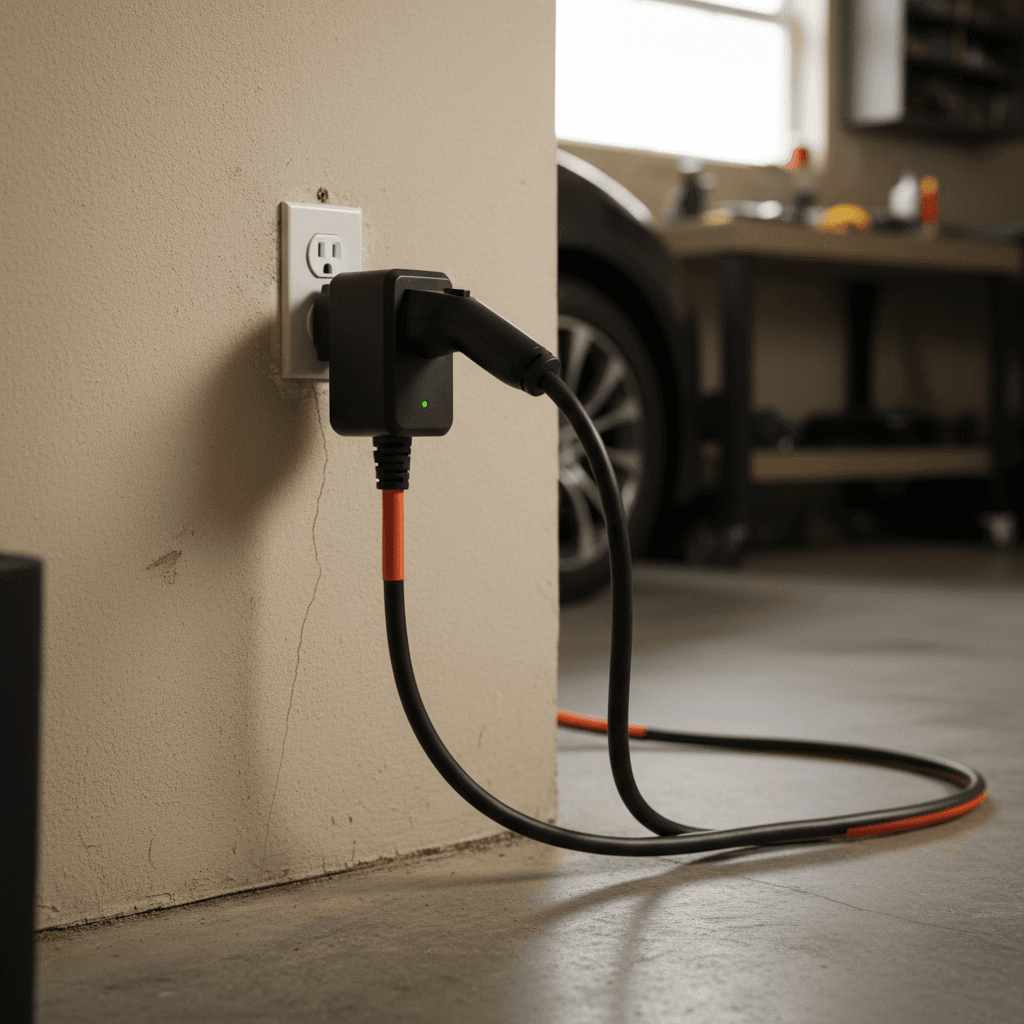 Portable electric car charger plugged into a standard wall outlet in a garage