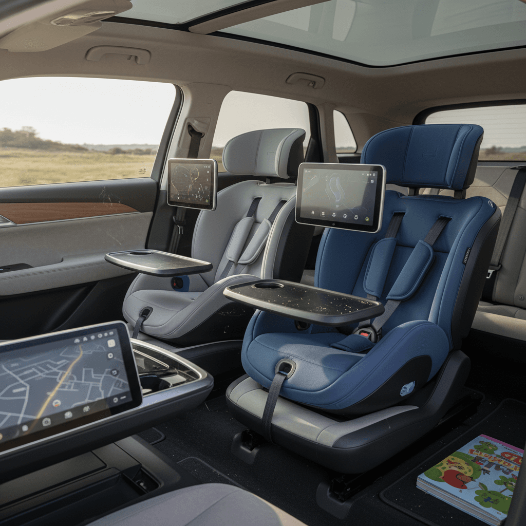 Interior of a three-row electric SUV with child seats installed in the back rows
