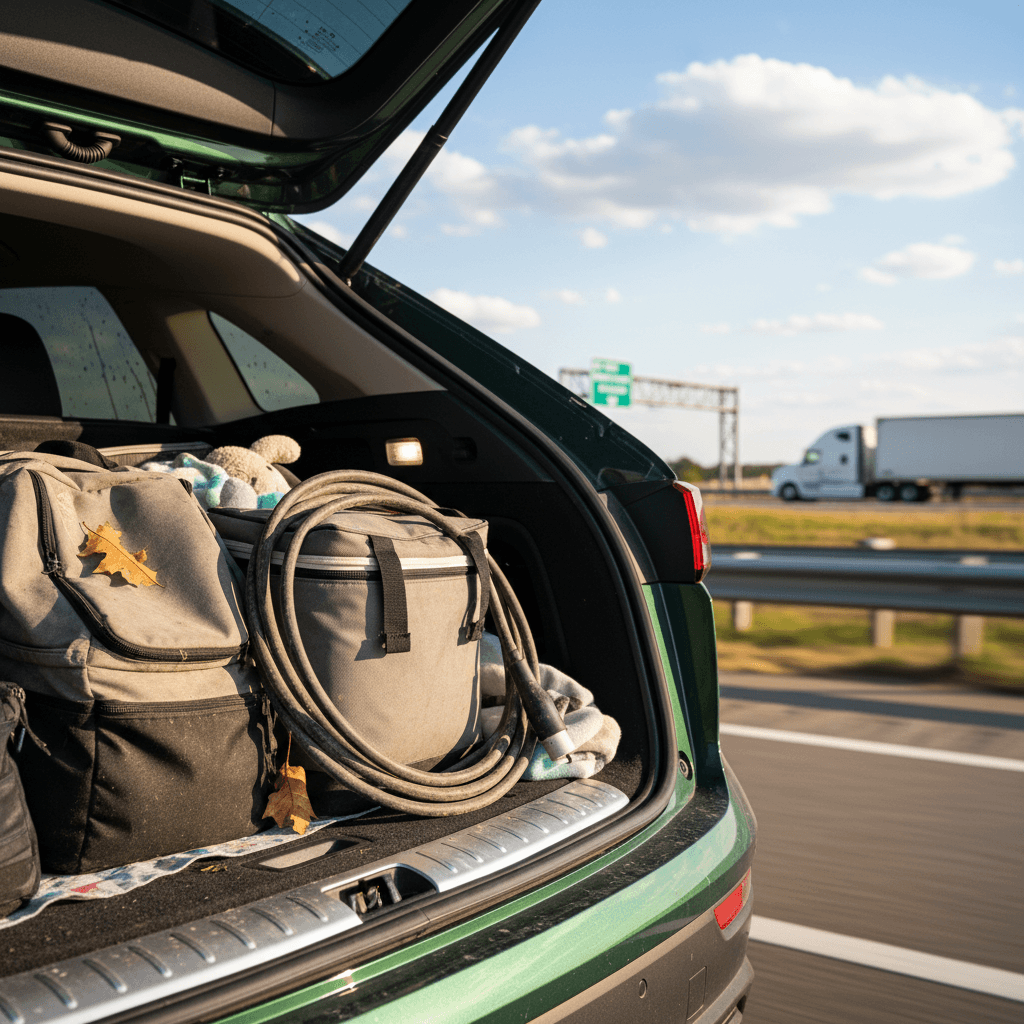 Family loading luggage into a modern electric SUV before a road trip