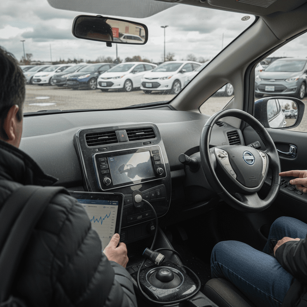 Customer and salesperson shaking hands in front of a used electric car at a dealership