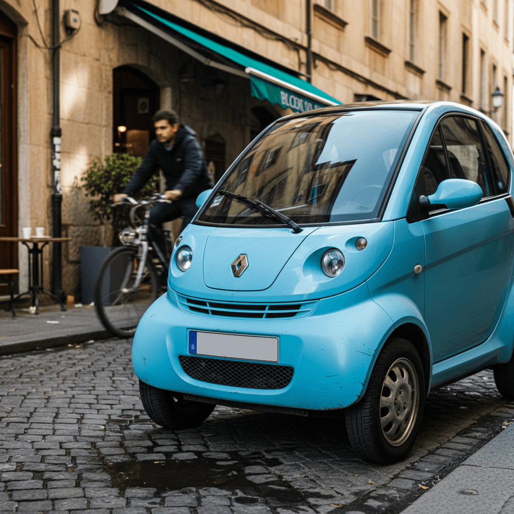 Small electric car parallel parking into a tight city curbside spot
