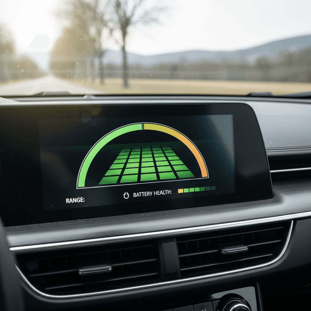Closeup of an electric car dashboard showing battery state of charge and estimated range