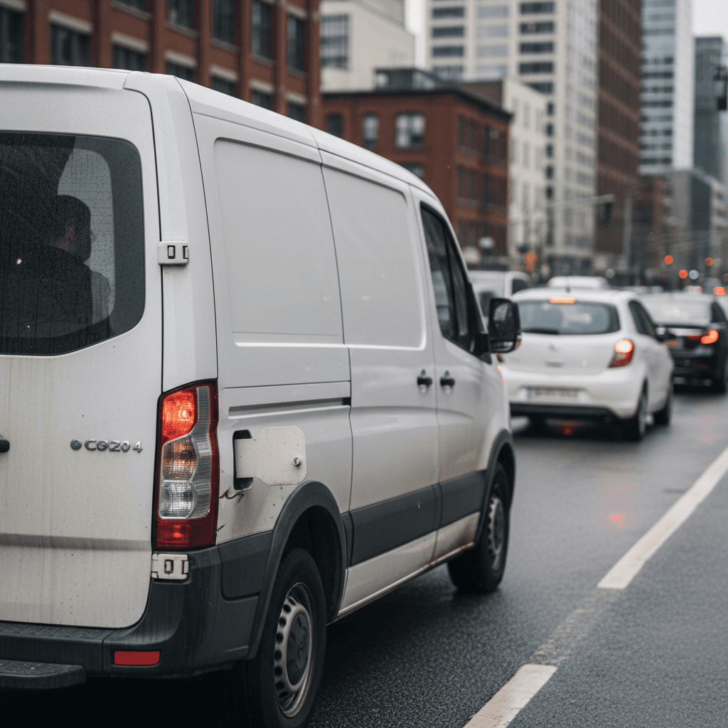 Modern electric cargo van driving through a downtown street