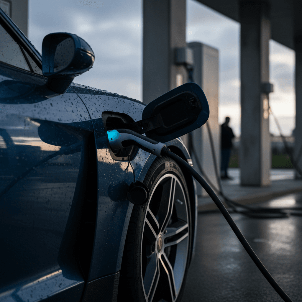 Porsche Taycan electric sports car parked on a mountain road