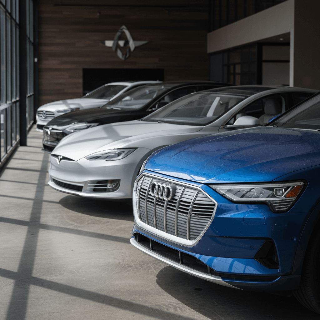 Technician reviewing battery diagnostics beside a used luxury electric sedan