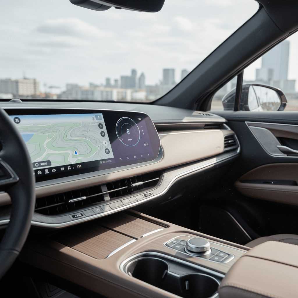 Modern electric SUV driving through a city street with traffic