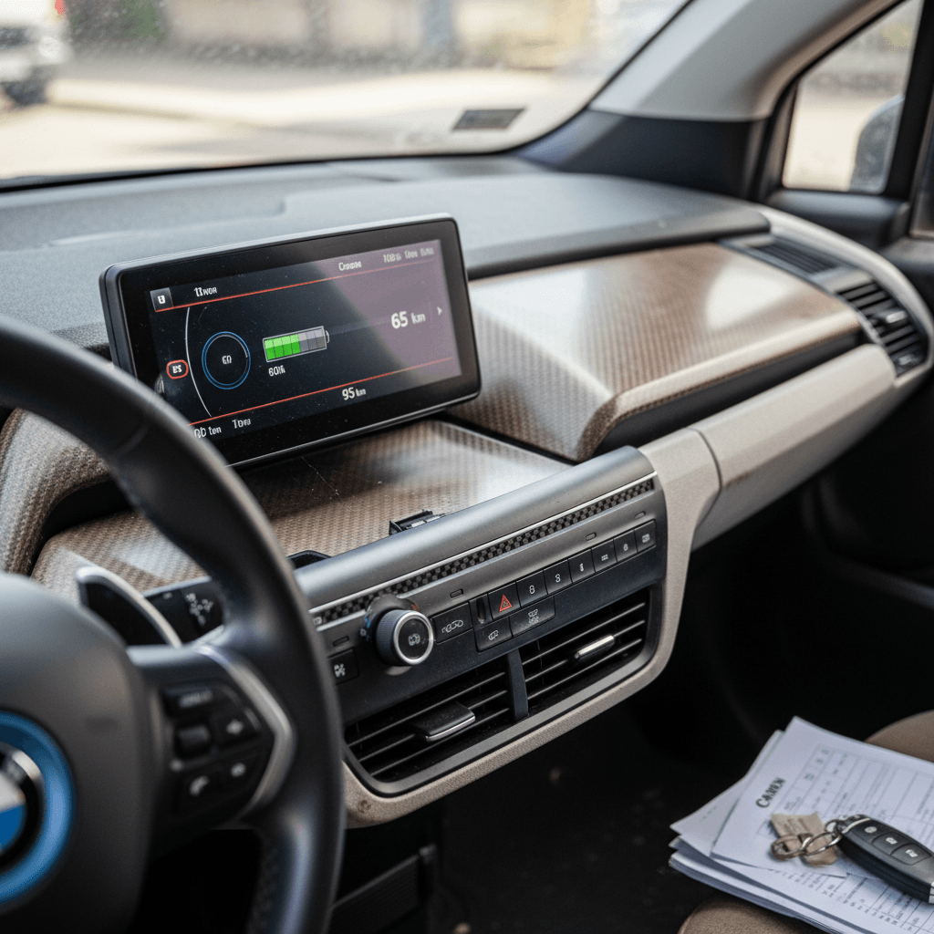 BMW i3 interior dashboard showcasing minimalist eco-friendly materials and digital displays
