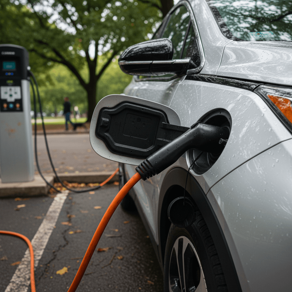 Chevy Bolt electric car plugged in at a public charging station