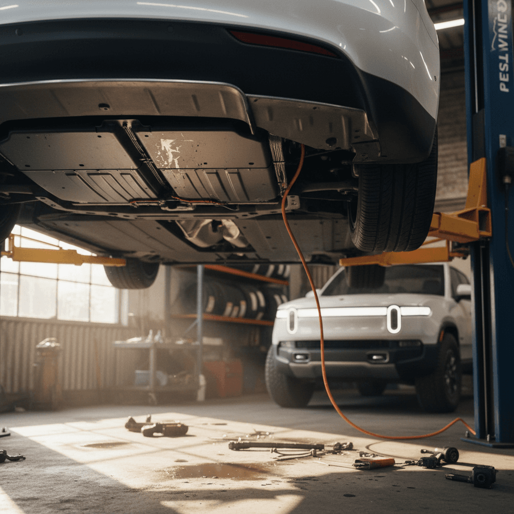 Close-up of an electric truck tire and wheel rolling on pavement, illustrating Rivian R1T tire wear