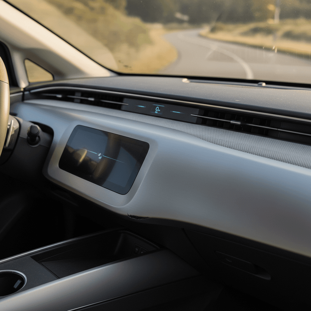 Minimalist electric car interior with clean dashboard and large central screen