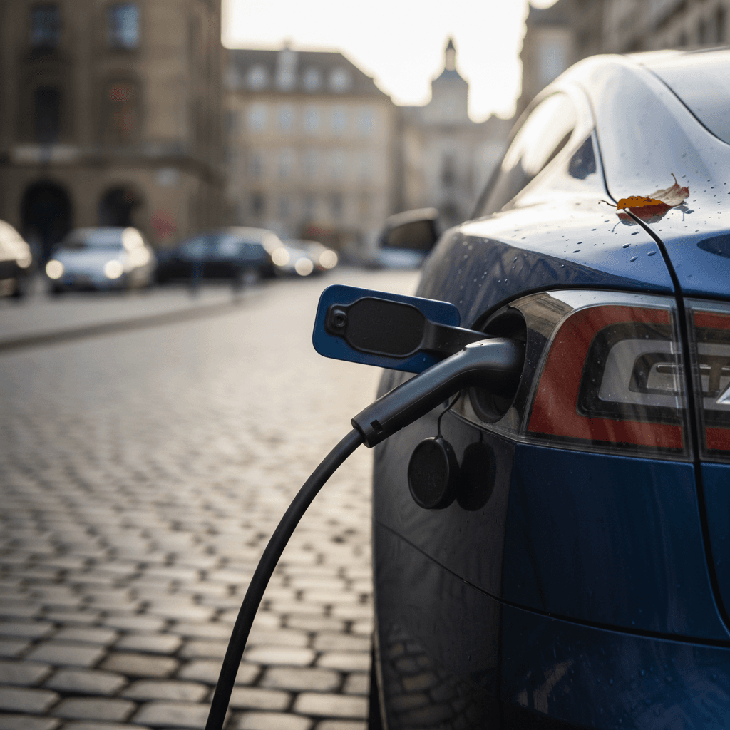 Row of Tesla electric vehicles parked at a Supercharger station while charging