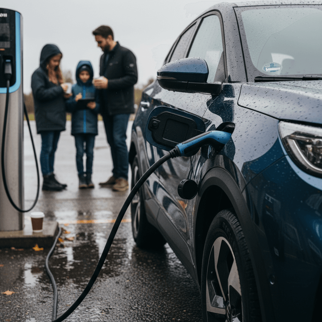 Family standing beside an electric crossover SUV plugged in at a charging station