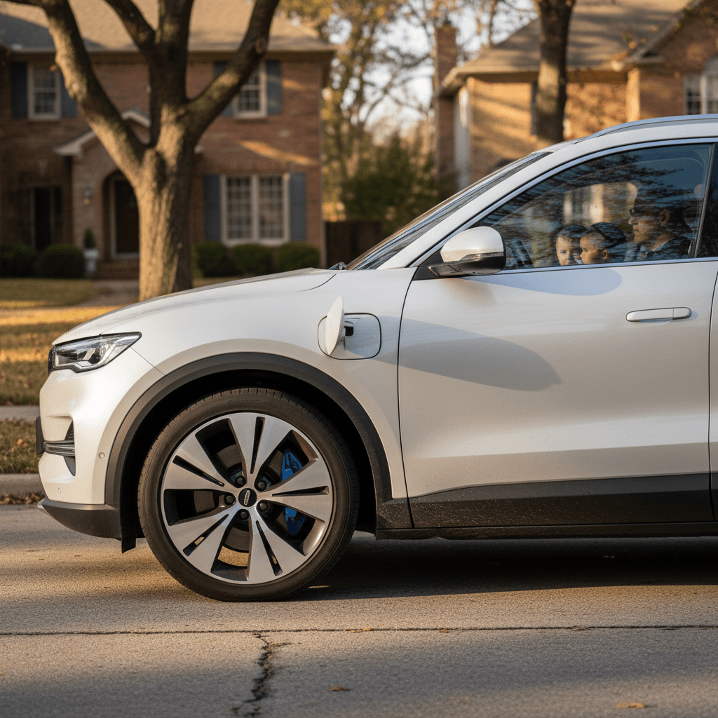 Family driving a modern three-row electric SUV through a suburban neighborhood
