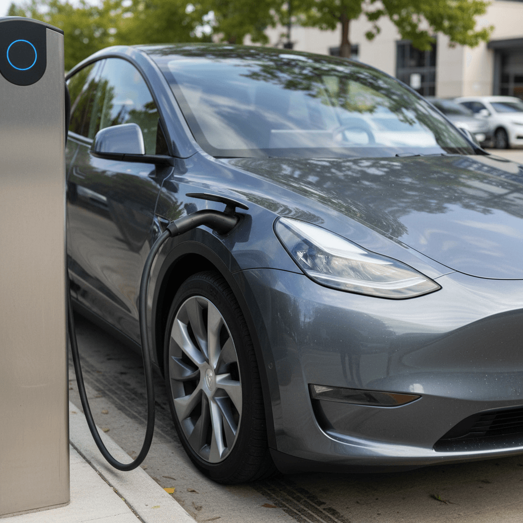 Technician reviewing Tesla Model Y battery diagnostics on a tablet