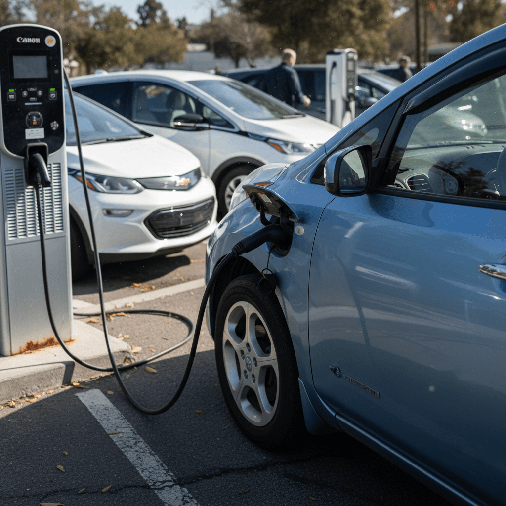 Row of used electric cars plugged into public charging stations in a parking lot