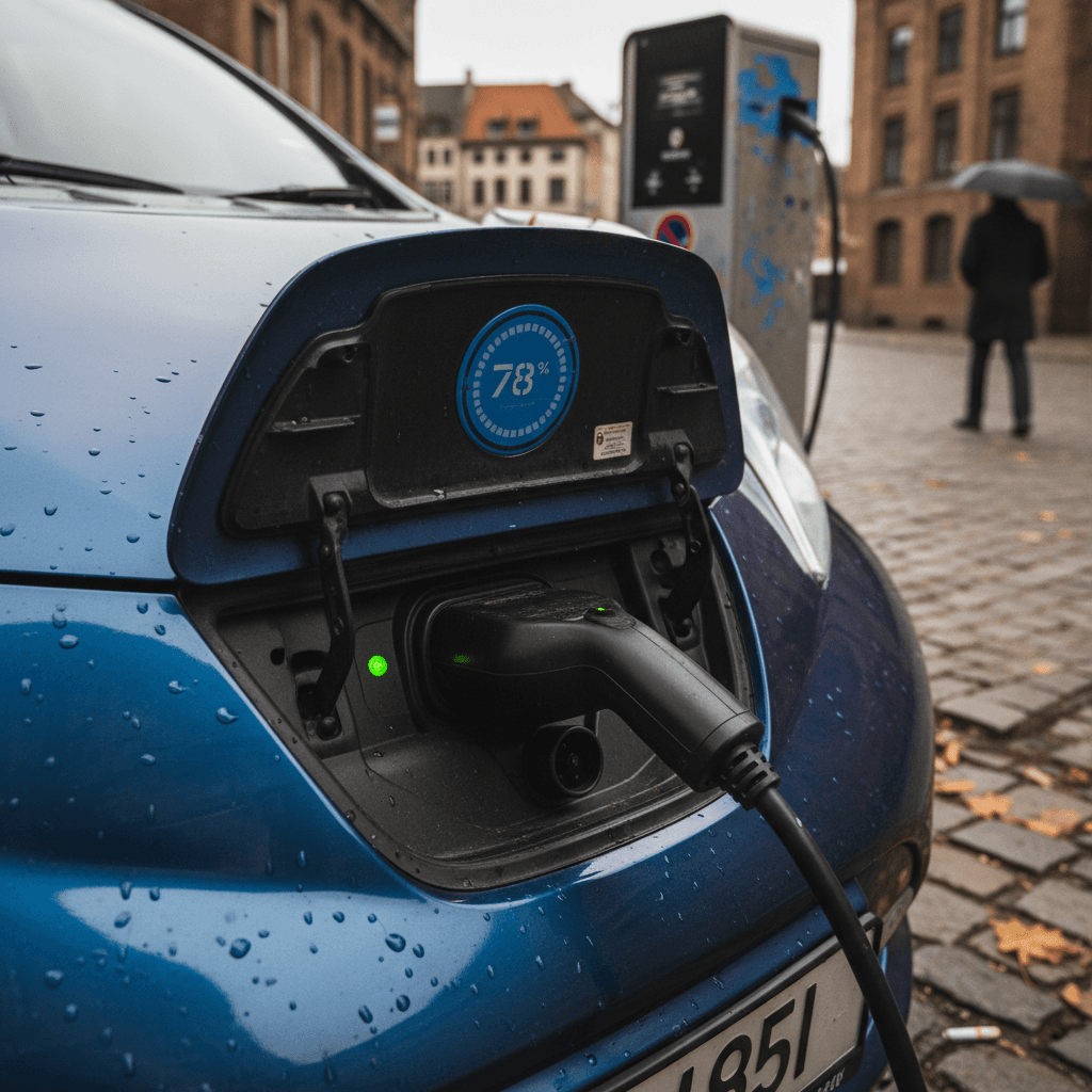 A white Nissan Leaf electric car parked on a city street, a common example of a very cheap used EV.