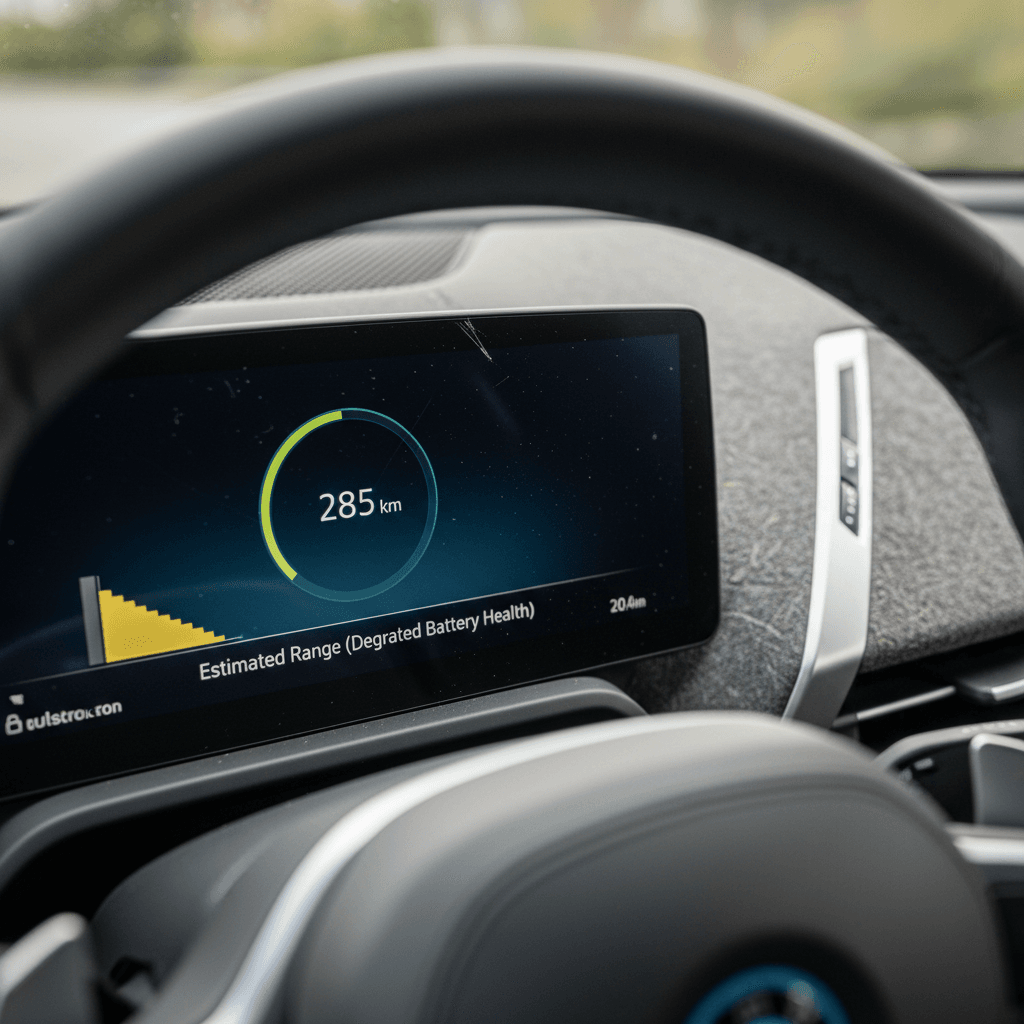 BMW iX digital dashboard showing electric range and battery status
