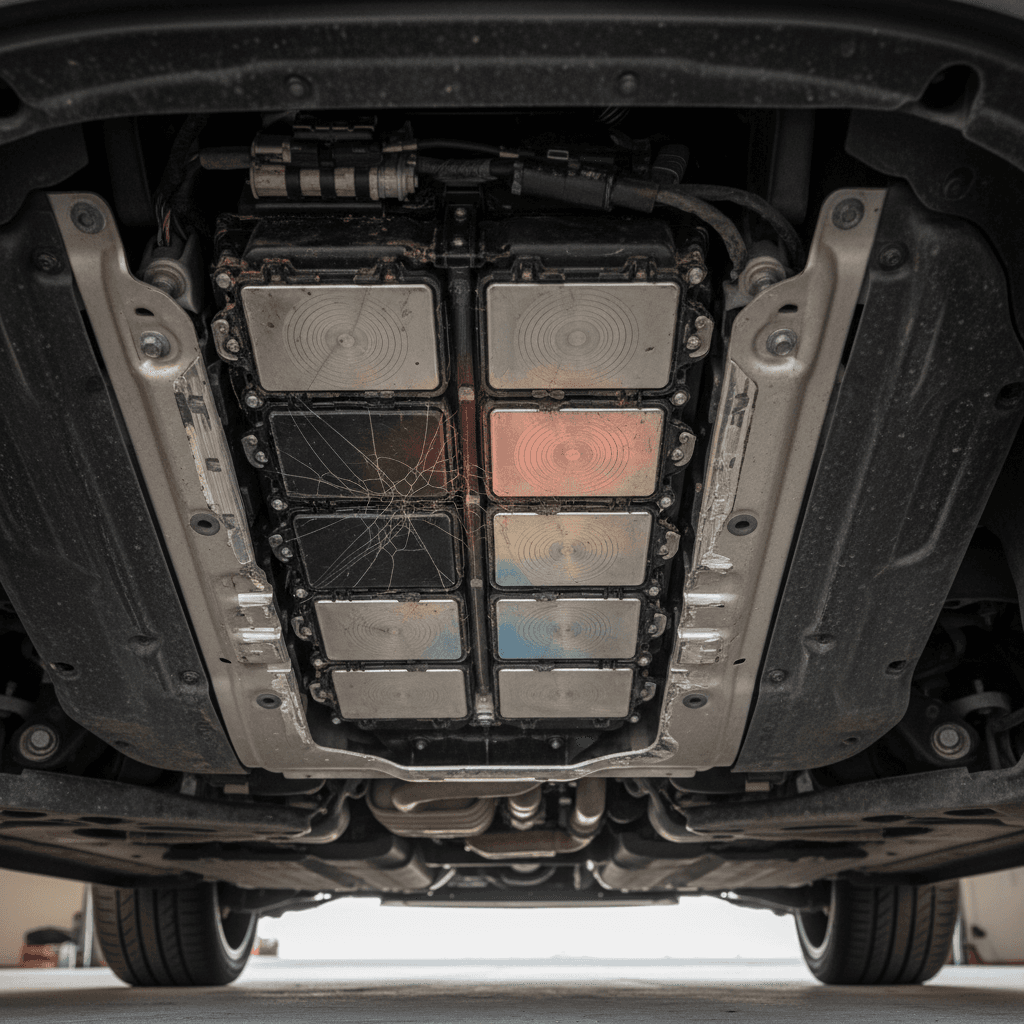 Illustration-style view of an underfloor battery pack in an electric SUV similar to a Mustang Mach-E