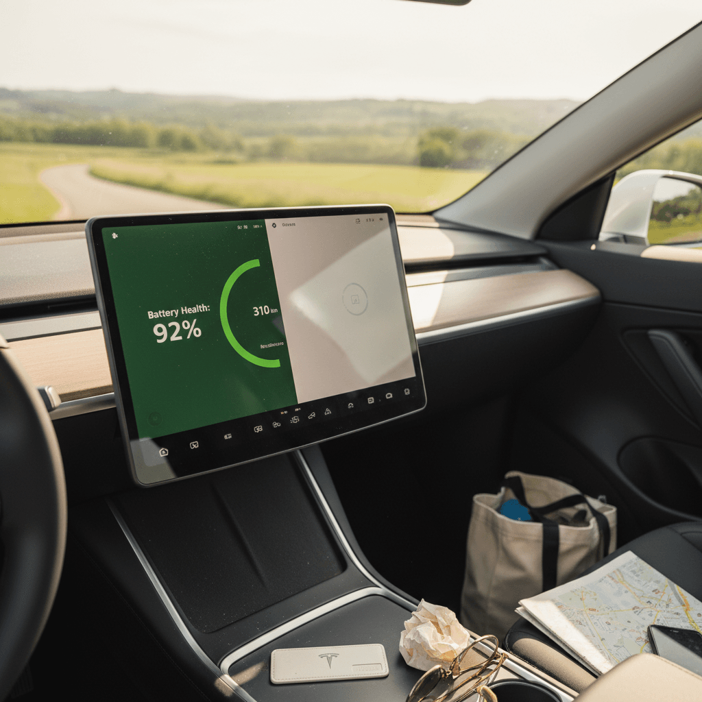 Tesla Model S interior with central touchscreen showing vehicle status