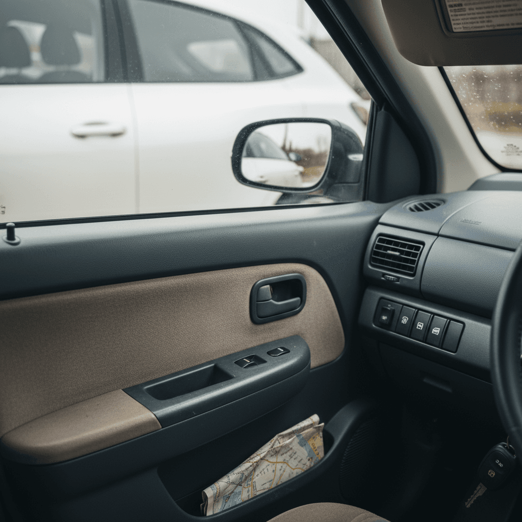 Compact used electric car parked on a residential city street
